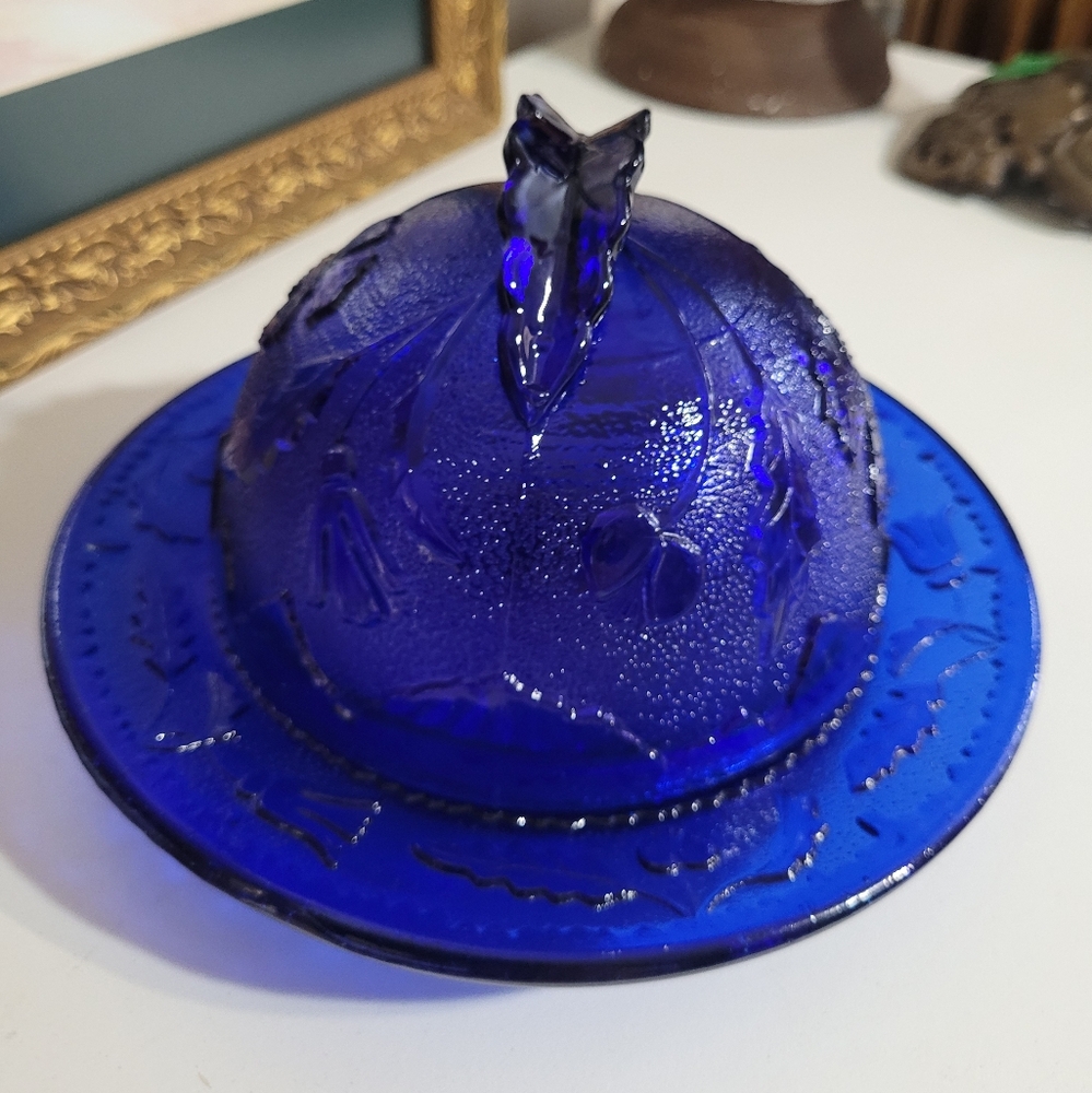 Vintage Cobalt Blue Glass Covered Butter Dish